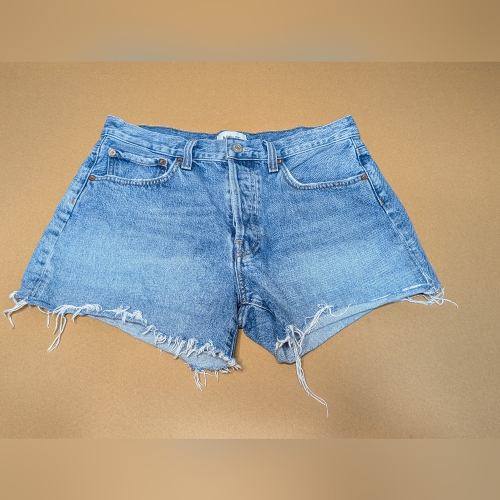 AGOLDE Light Blue High-Rise Frayed Denim Shorts